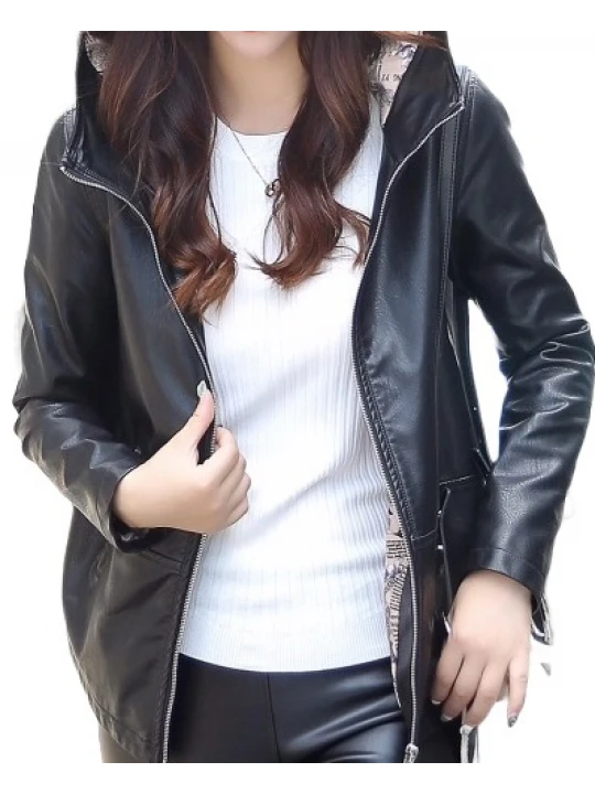 Girls Cool Fashion Hooded Real Sheepskin Black Leather Jacket Coat