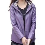 Girls Cool Fashion Hooded Real Sheepskin Purple Leather Jacket Coat