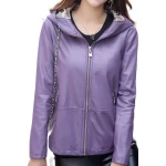 Girls Cool Fashion Hooded Real Sheepskin Purple Leather Jacket Coat