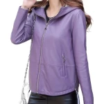 Girls Cool Fashion Hooded Real Sheepskin Purple Leather Jacket Coat