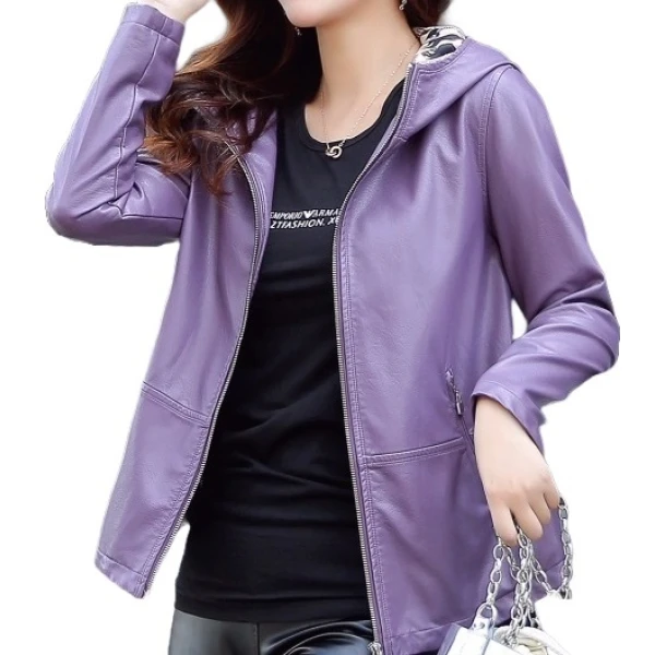 Girls Cool Fashion Hooded Real Sheepskin Purple Leather Jacket Coat