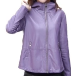 Girls Cool Fashion Hooded Real Sheepskin Purple Leather Jacket Coat
