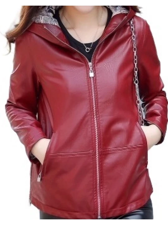 Girls Cool Fashion Hooded Real Sheepskin Red Leather Jacket Coat