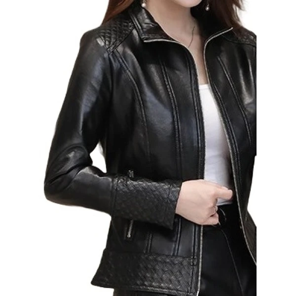 Girls Edgy Fashion Genuine Lambskin Black Leather Jacket Coat