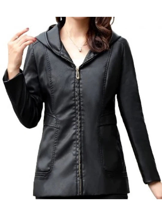 Girls Trendy Hooded Original Lambskin Black Leather Jacket Coat