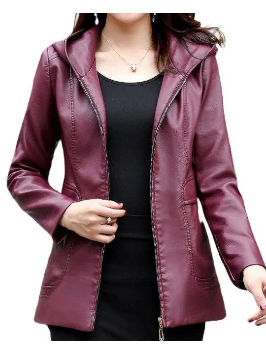 Girls Trendy Hooded Original Lambskin Purple Leather Jacket Coat