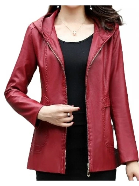 Girls Trendy Hooded Original Lambskin Red Leather Jacket Coat