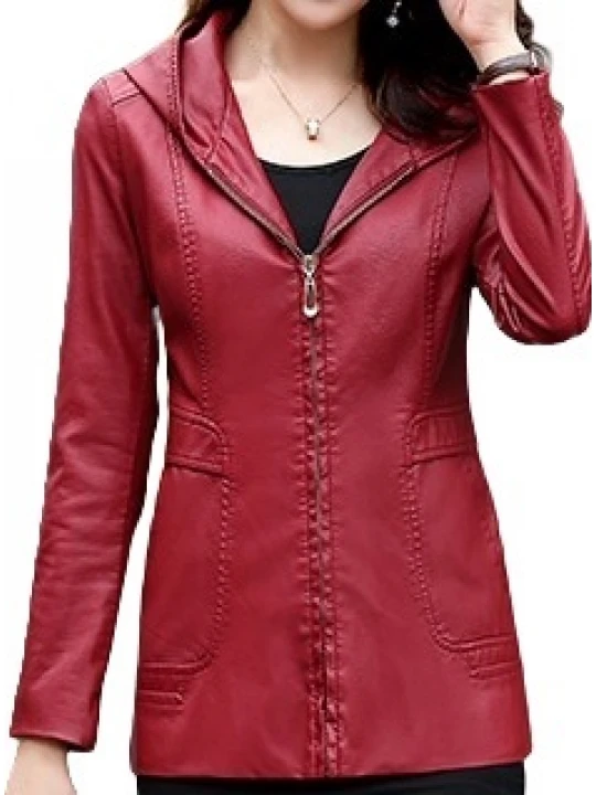 Girls Trendy Hooded Original Lambskin Red Leather Jacket Coat