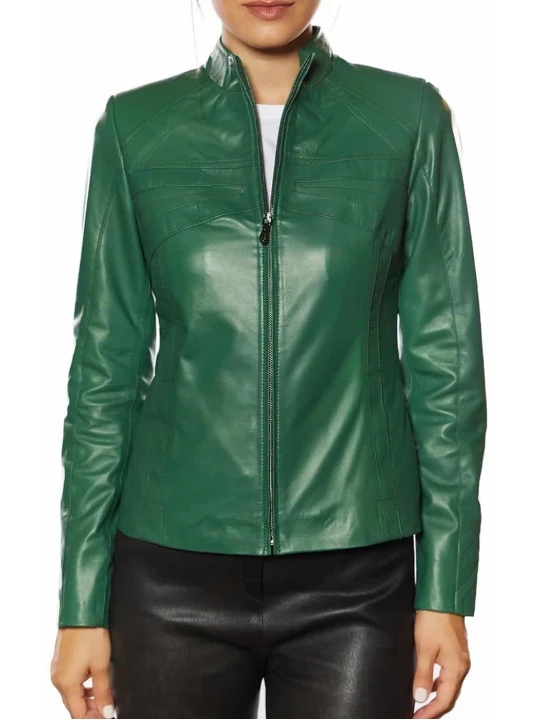 Green High-Collared Leather Jacket