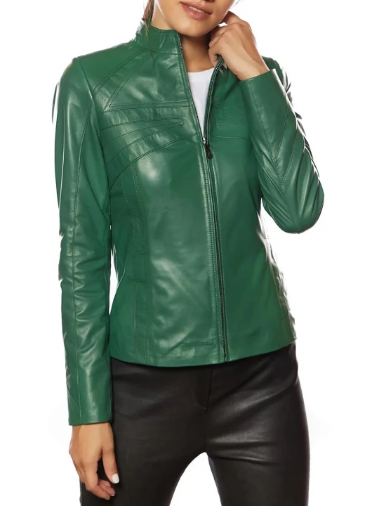 Green High-Collared Leather Jacket