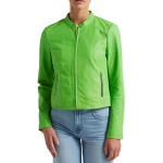 Green Leather Jacket With A High Collar