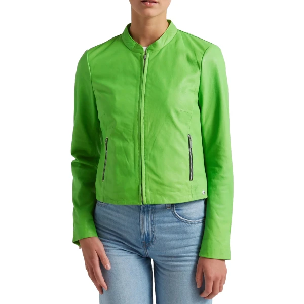 Green Leather Jacket With A High Collar