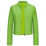 Green Leather Jacket With A High Collar
