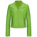 Green Leather Jacket With A High Collar