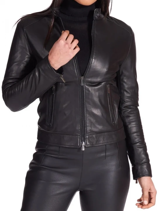 High Collar Black Leather Jacket