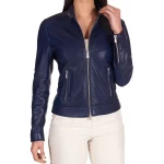 High Collar Blue Leather Jacket