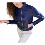 High Collar Blue Leather Jacket