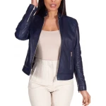 High Collar Blue Leather Jacket