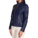 High Collar Blue Leather Jacket