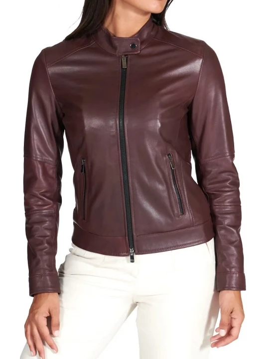 High Collar Brown Leather Jacket