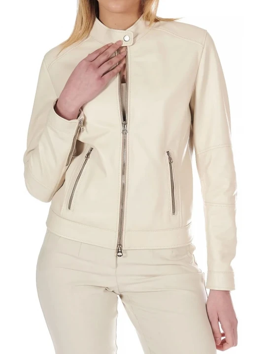 High Collar Cream Leather Jacket