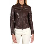 High Collar Dark Brown Leather Jacket