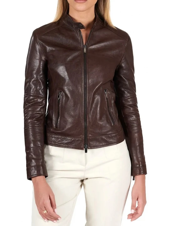 High Collar Dark Brown Leather Jacket