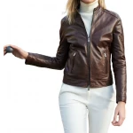 High Collar Dark Brown Leather Jacket