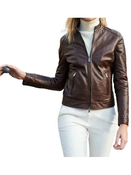High Collar Dark Brown Leather Jacket