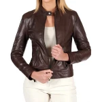 High Collar Dark Brown Leather Jacket