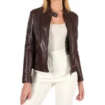 High Collar Dark Brown Leather Jacket
