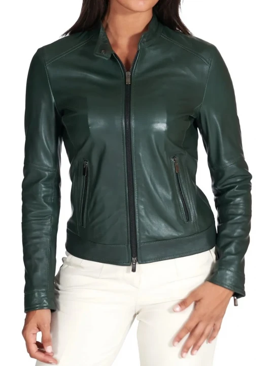 High Collar Dark Green Leather Jacket