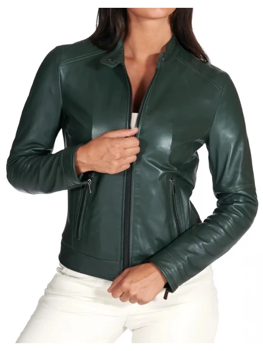High Collar Dark Green Leather Jacket