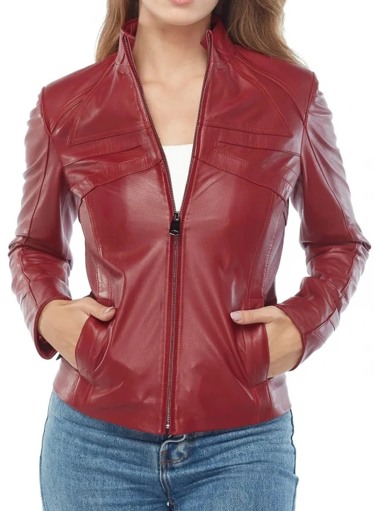 High Collar Maroon Leather Jacket