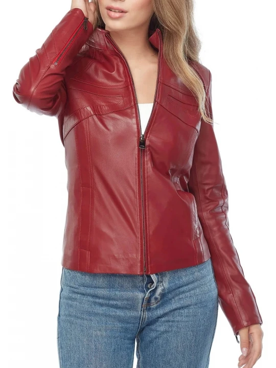 High Collar Maroon Leather Jacket