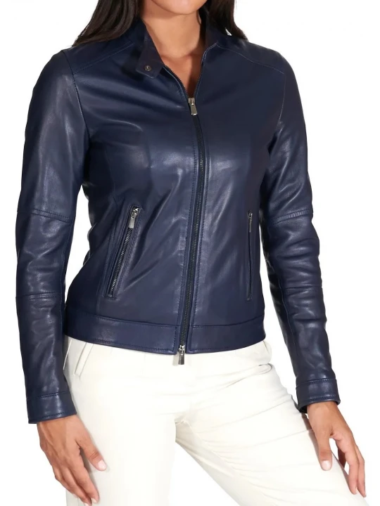 High Collar Navy Blue Leather Jacket