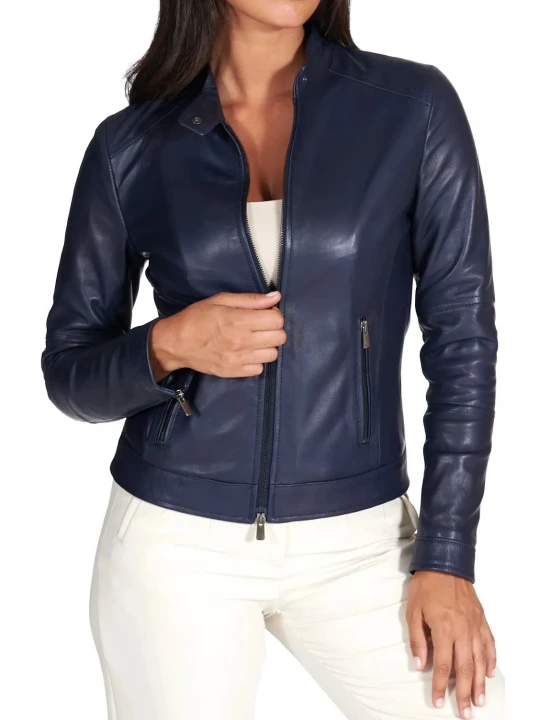 High Collar Navy Blue Leather Jacket