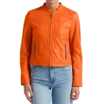 High Collar Orange Leather Jacket