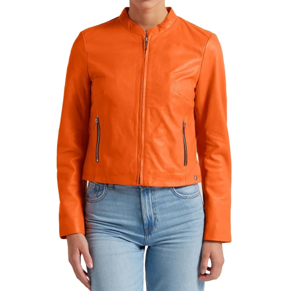High Collar Orange Leather Jacket