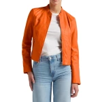 High Collar Orange Leather Jacket