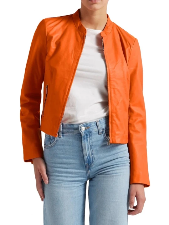 High Collar Orange Leather Jacket