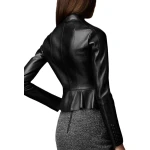 High Collar Peplum Waist Original Lambskin Womens Black Leather Jacket Coat