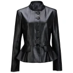 High Collar Peplum Waist Original Lambskin Womens Black Leather Jacket Coat