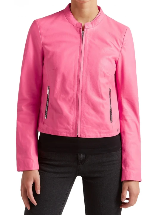 High Collar Pink Leather Jacket
