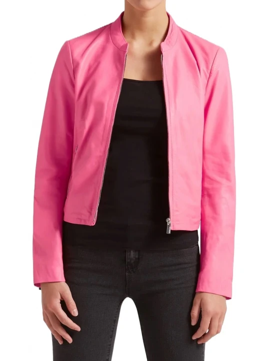 High Collar Pink Leather Jacket