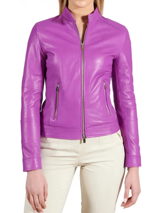 High Collar Purple Leather Jacket