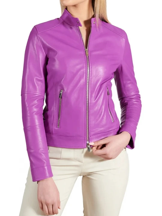 High Collar Purple Leather Jacket