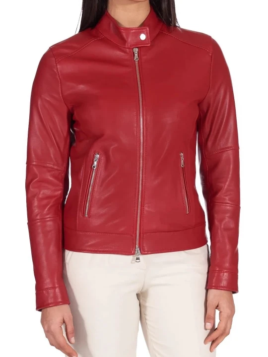 High Collar Red Leather Jacket