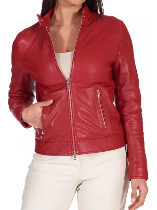High Collar Red Leather Jacket