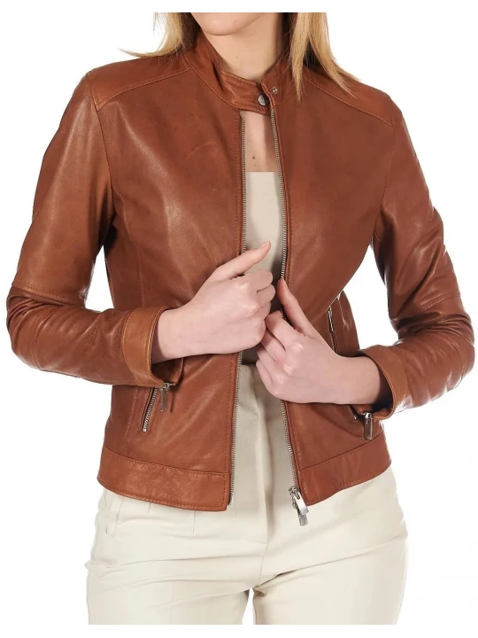 High Collar Tan Leather Jacket